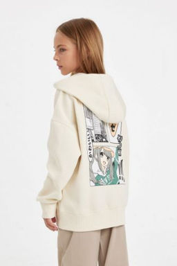 K?z Cocuk Oversize Genis Kal?p S?rt Bask?l? Kapusonlu Sweatshirt