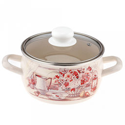 "Летний этюд" Кастрюля эмалированная 2,0л, форма полусфера, стеклянная крышка, нержавеющий ободок (Россия)