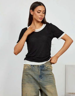 K13568 Футболка с имитацией майки ЧЕРНЫЙ