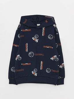 Bask?l? Uzun Kollu Erkek ?ocuk Hoodie