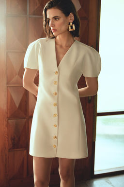 Ekru Dugme Detayl? K?sa / Mini Dokuma Elbise TWOSS26EL00192