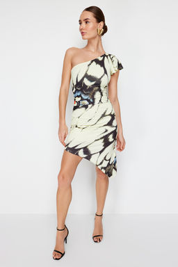 Limited Edition Cok Renkli Bask?l? Midi Asimetrik Yaka Esnek Orme Kalem Elbise TWOSS24EL00565 - Trendyolmilla фото 8