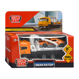 Машина металл Эвакуатор 12см, с машиной 7см, инерция подвижный кран, в коробке