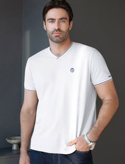 Футболка с V-вырезом из премиального хлопка с эластаном - Vilatte фото 2