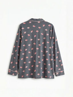 G?mlek Yaka Kalp Bask?l? Kad?n Pijama Tak?m