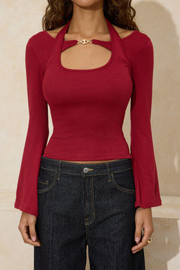 Siyah Fitted/Vucuda Oturan Kay?k Yaka Aksesuar Detayl? Pamuk Ribana Orme Bluz TWOSS26BZ00222 - Trendyolmilla фото 3