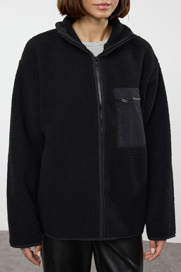 Winter Essentials Siyah Kal?n Polar Fermuarl? Dik Yaka Uzun Kol Cepli Orme Sweatshirt TWOAW24SW00071