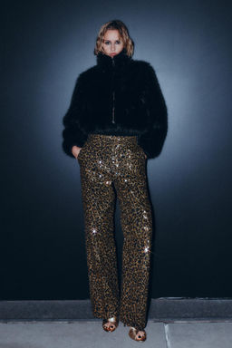 ANIMAL PRINT SEQUINNED STRAIGHT-LEG TROUSERS