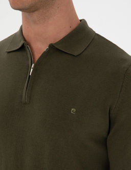 Koyu Haki Slim Fit Polo Yaka Fermuarl_ Basic Triko Kazak