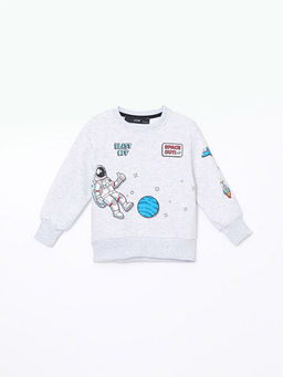 Bisiklet Yaka Bask?l? Erkek ?ocuk Sweatshirt