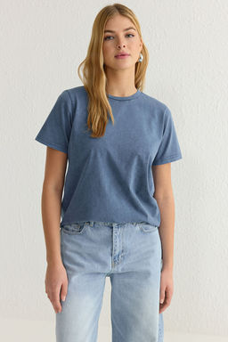 Indigo Y?kamal? %100 Kal?n Pamuklu Premium Basic Bisiklet Yaka Orme T-Shirt TWOSS23TS00042