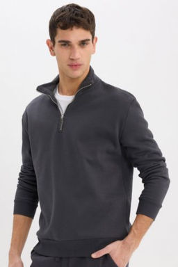 Comfort Regular Fit Rahat Kal?p Fermuarl? Dik Yaka Basic Duz Sweatshirt
