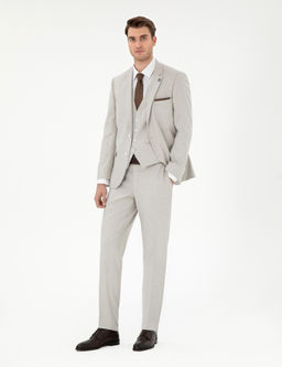 Bej Ex. Slim Fit Yelekli Tak_m Elbise