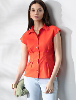 Блузка приталенного кроя с коротким рукавом из легкого хлопкового поплина