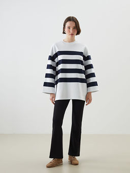 Bisiklet Yaka ?izgili Oversize Kad?n Sweatshirt Tunik