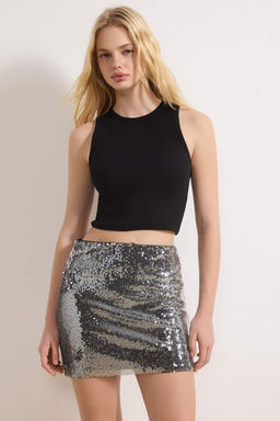 Gumus Duz Ekstra K?sa / Super Mini Orme Payet Party Etek TPRAW26ET00011