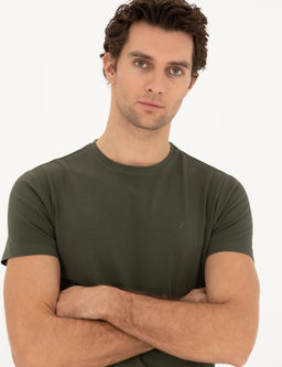 Хаки Облегающая базовая футболка с круглым вырезом - Cacharel фото 2