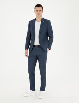 Lacivert Ex. Slim Fit Y_n Keten Kar___ml_ Tak_m Elbise