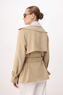 Bej Cizgili Gomlek Yaka Detayl? Kruvaze Kapama Midi Trenckot TWOSS26TR00005 - Trendyolmilla фото 6