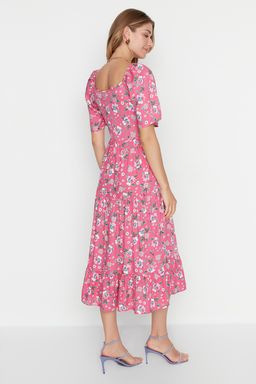 Pembe A Kesim Balon Kollu Cicek Desenli Midi Dokuma Elbise TWOSS20EL2323