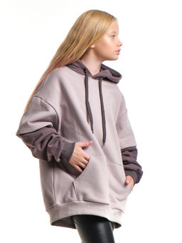 Худи джемпер с начесом с комбинированными рукавами 33-7481 беж/кофе - Mini maxi фото 3