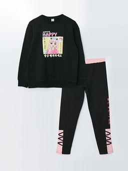 Bisiklet Yaka Bask?l? Uzun Kollu K?z ?ocuk Sweatshirt ve Tayt