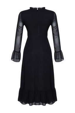 Siyah Animal Desenli A Kesim Dik Yaka Midi Astarl? Sifon Dokuma K?sl?k Elbise TWOAW25EL00173