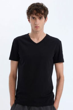 Slim Fit Dar Kesim V Yaka Basic Duz Ust