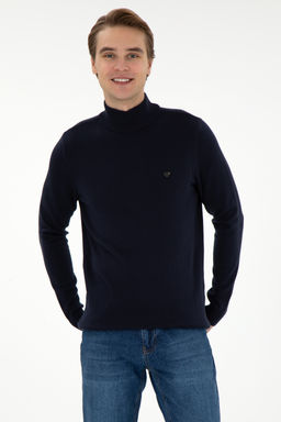 Erkek Slim Fit YarДm BalДkГД Yaka Lacivert Basic Kazak