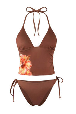 Kahverengi Cicek Desenli Baglamal? Tankini Kapl? Normal Bel Brazilian Bikini Tak?m? TBESS26BT00008