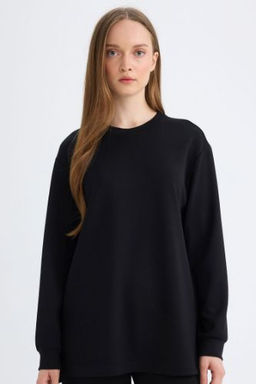 Regular Fit Bisiklet Yaka Basic Duz Siyah Sweatshirt Tunik