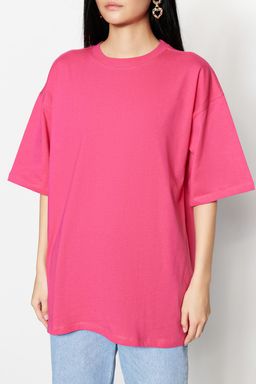 Fusya%100 Kal?n Pamuklu Premium Oversize/Genis Kal?p Bisiklet Yaka Orme T-Shirt TWOSS23TS00040