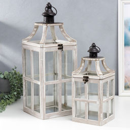 Деревянный подсвечник-фонарь на 1 свечу «Веранда», набор 2 шт., белый состаренный, 35×15×15 см; 53×20×20 см