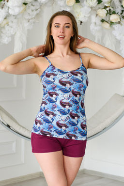 Пижама женская из топа на бретелях и шорт из кулирки с лайкрой Fairy-tale русалки, голубой
