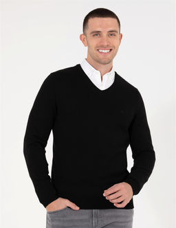 Siyah Slim Fit V Yaka Basic Triko Kazak - Pierre cardin фото 3