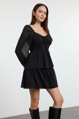 Siyah F?rf?rl? Mini Astarl? Sifon Ucus Ucus Dokuma Elbise TWOAW23EL01455