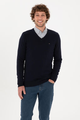 Erkek Slim Fit V Yaka Lacivert Basic Kazak
