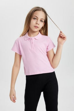 K?z Cocuk Slim Fit Dar Kesim Basic Duz Fitilli Kaskorse K?sa Kollu Polo Tisort
