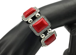 Браслет металлический "Ретро" с кораллом (имитация), прямоугольники, 17см