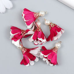 Декор текстиль Цветок 2 с жемчужиной. Малиновый и белый, набор 6 шт., 3 см