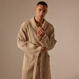 Халат вафельный мужской SL HOME: Basic «Саббиа», размер S, хлопок 100%, коричневый