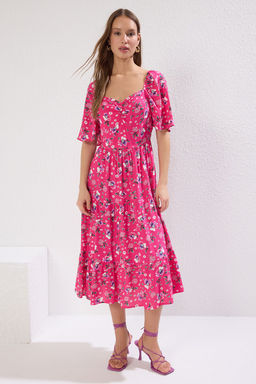 Pembe A Kesim Balon Kollu Cicek Desenli Midi Dokuma Elbise TWOSS20EL2323