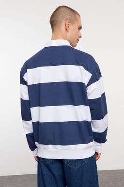 Indigo Oversize/Genis Kesim Cizgili Polo Yaka Sardonsuz Sweatshirt TMNAW25SW00023