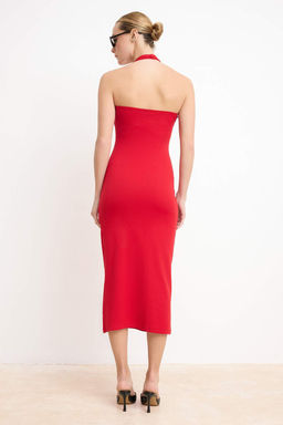 K?rm?z? Belden Ac?lan K?sa Kollu Tok %100 Pamuk Orme Elbise TWOSS26EL00238