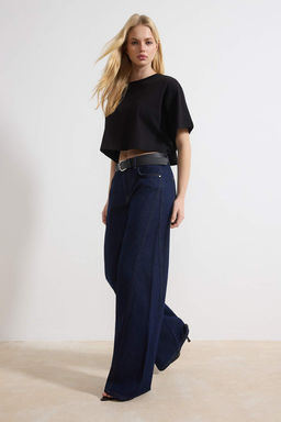 Koyu Mavi DOKUMLU Kemerli %100 Pamuk Yuksek Bel Wide Leg Jeans TWOSS26JE00076 - Trendyolmilla фото 4