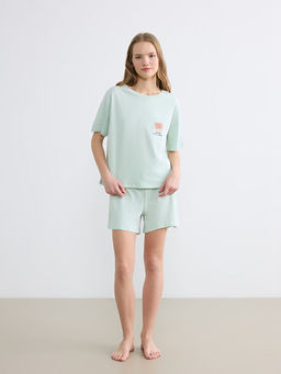 Bisiklet Yaka Bask?l? Kad?n ?ortlu Pijama Tak?m?