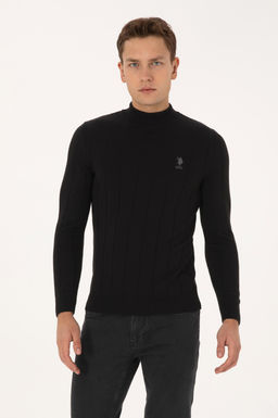 Erkek Slim Fit Yar_m Bal_k__ Yaka Siyah Kazak