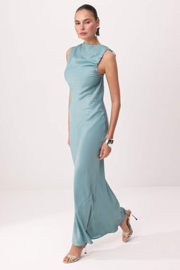 Siyah Duz Buzgu / Drape Dokuma Saten Maxi Abiye & Mezuniyet Elbisesi - Trendyolmilla фото 5