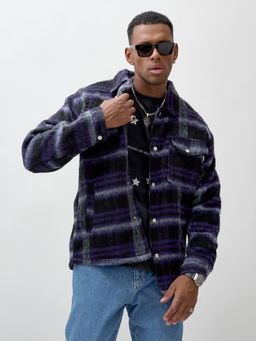 Куртка рубашка шерстяная в клетку мужская демисезонная темно-фиолетового цвета 58569TF