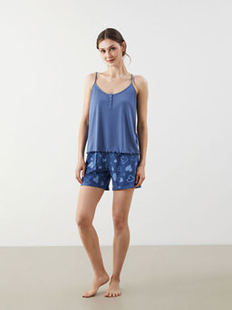 V Yaka Bask?l? Kad?n ?ortlu Pijama Tak?m?